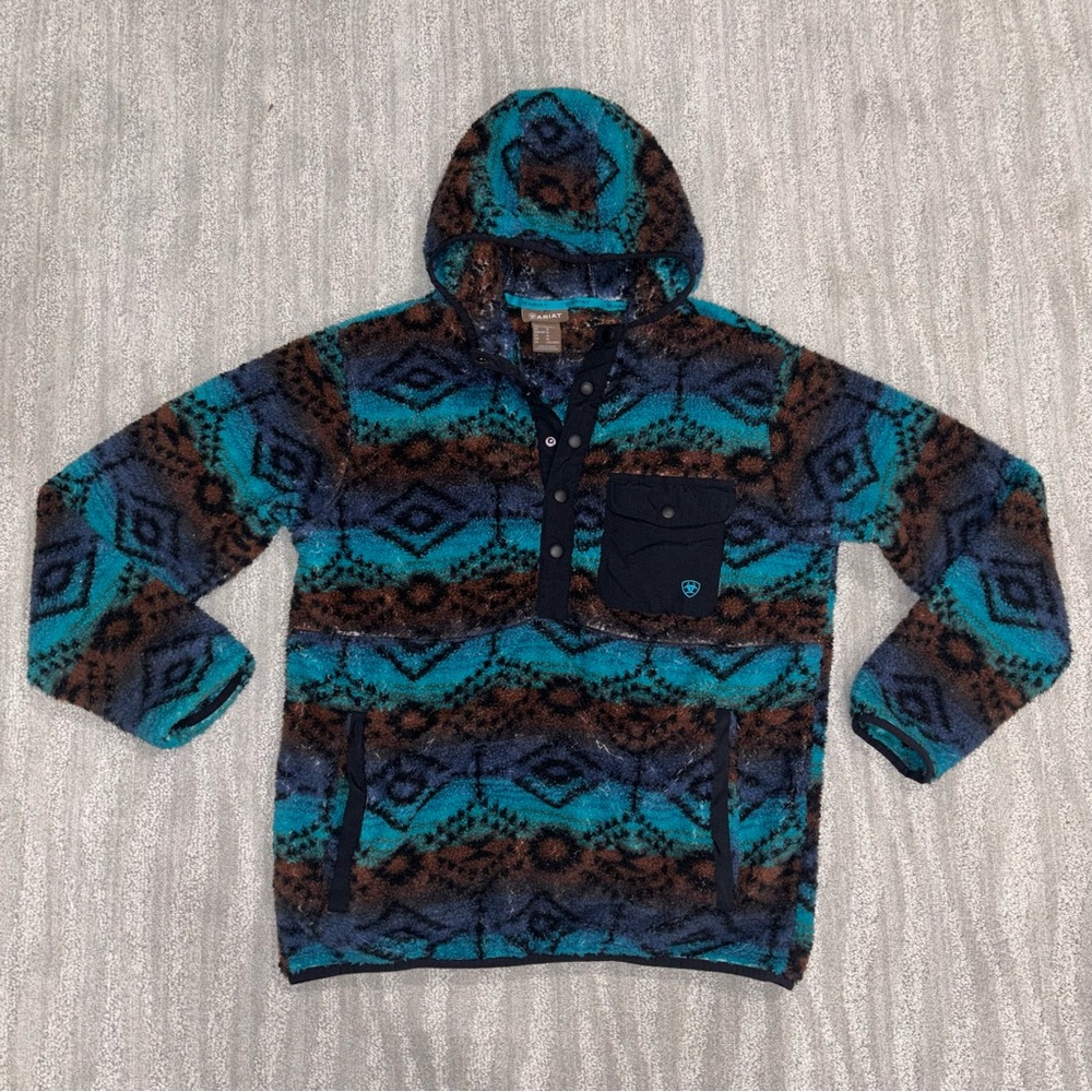 Ariat Polar Bear Fleece Hood Sweatshirt 1/2 Snap Aztec Sherpa Western Men’s Sz M